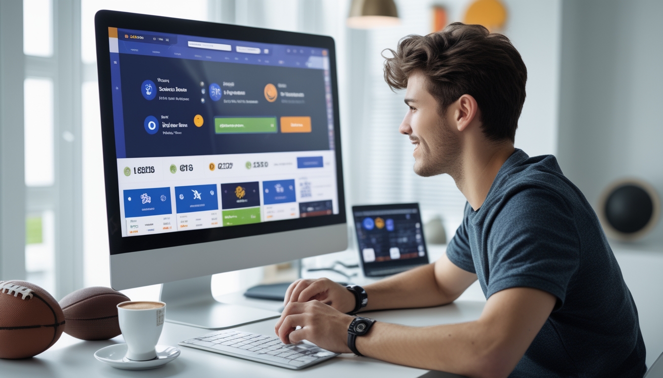 Seseorang sedang menggunakan komputer di meja kerja dengan tampilan situs taruhan olahraga online dan beberapa perlengkapan olahraga di sekitarnya.