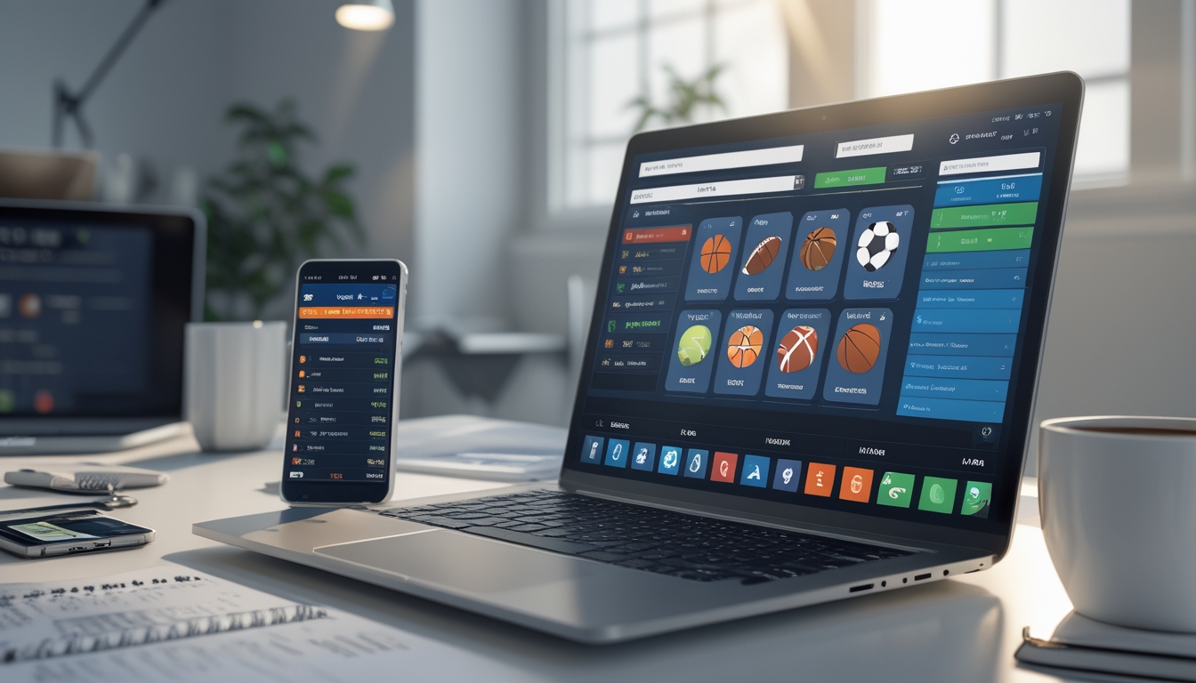 Seorang pria muda duduk di meja kerja dengan laptop yang menampilkan situs taruhan olahraga online, dikelilingi oleh catatan, ponsel dengan skor olahraga, dan secangkir kopi di ruang kantor yang terang.
