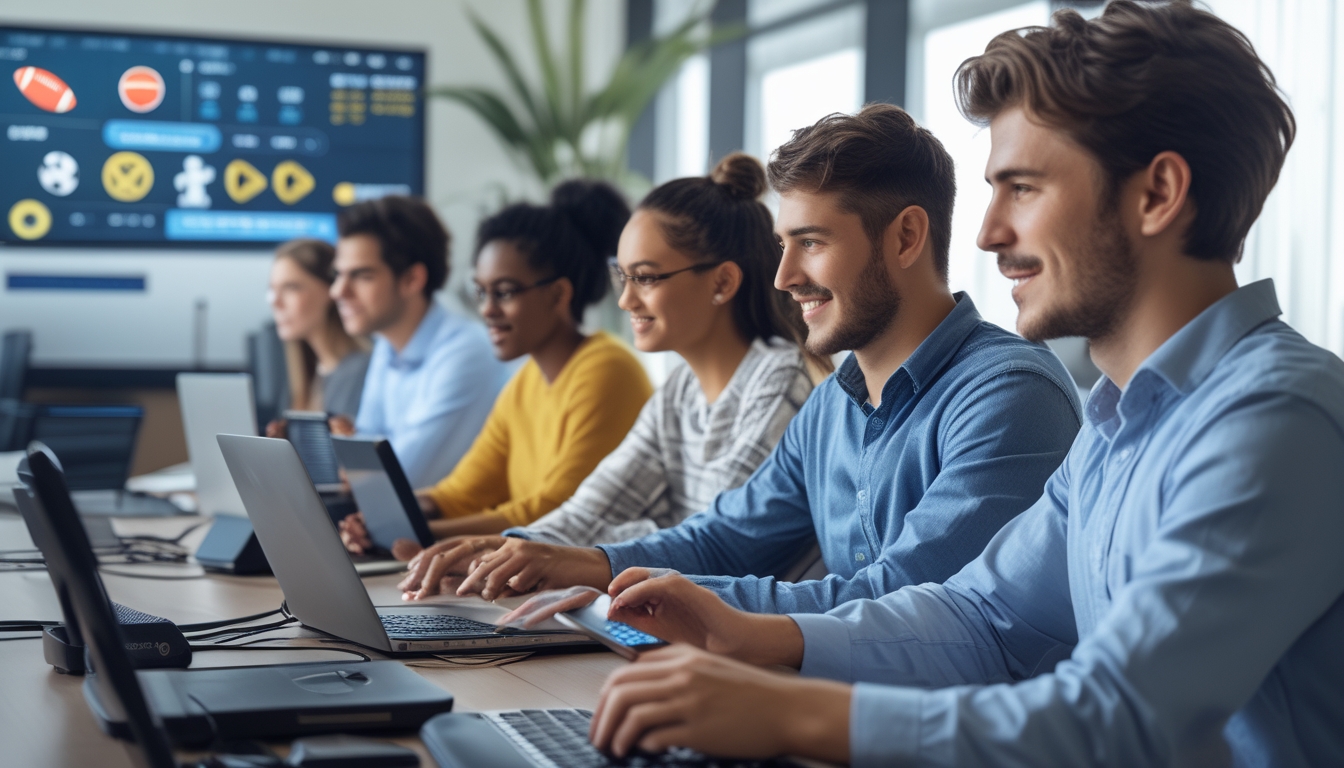 Sekelompok orang muda menggunakan laptop dan ponsel di kantor modern yang terang, dengan ikon olahraga di layar dan simbol keamanan yang menunjukkan aktivitas taruhan olahraga online yang aman dan legal.