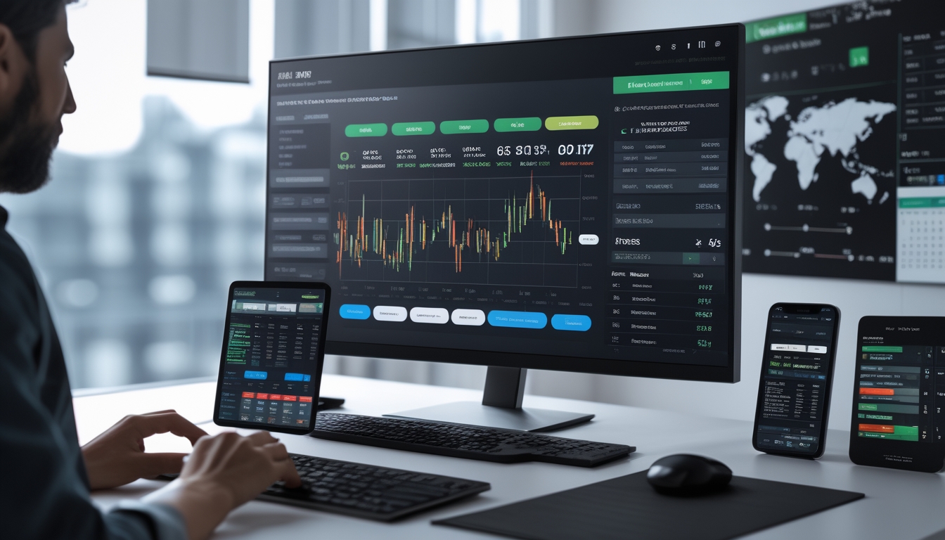Seorang pengguna bekerja di depan komputer dengan beberapa perangkat digital menampilkan pertandingan olahraga dan statistik taruhan.
