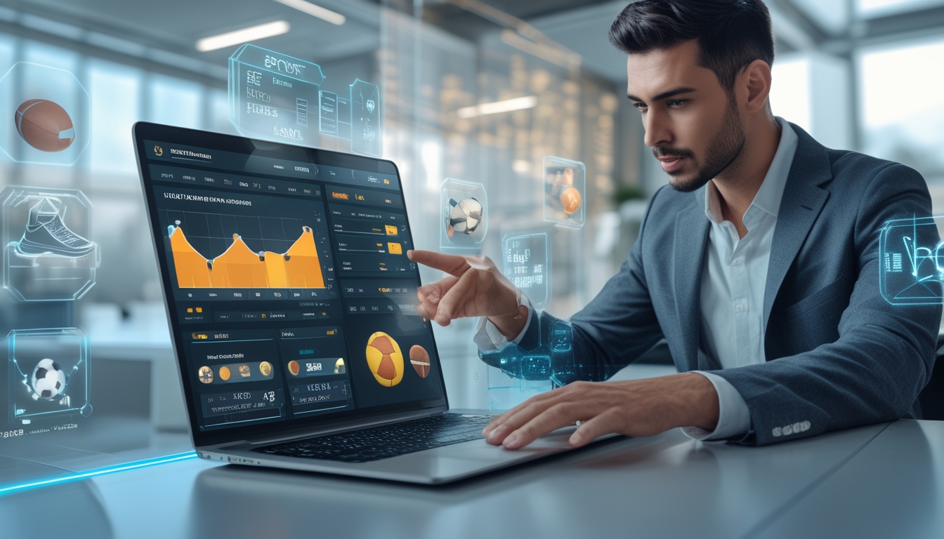 Seseorang duduk di depan laptop dengan antarmuka taruhan olahraga digital yang menampilkan berbagai ikon olahraga dan grafik, di ruang kerja modern.