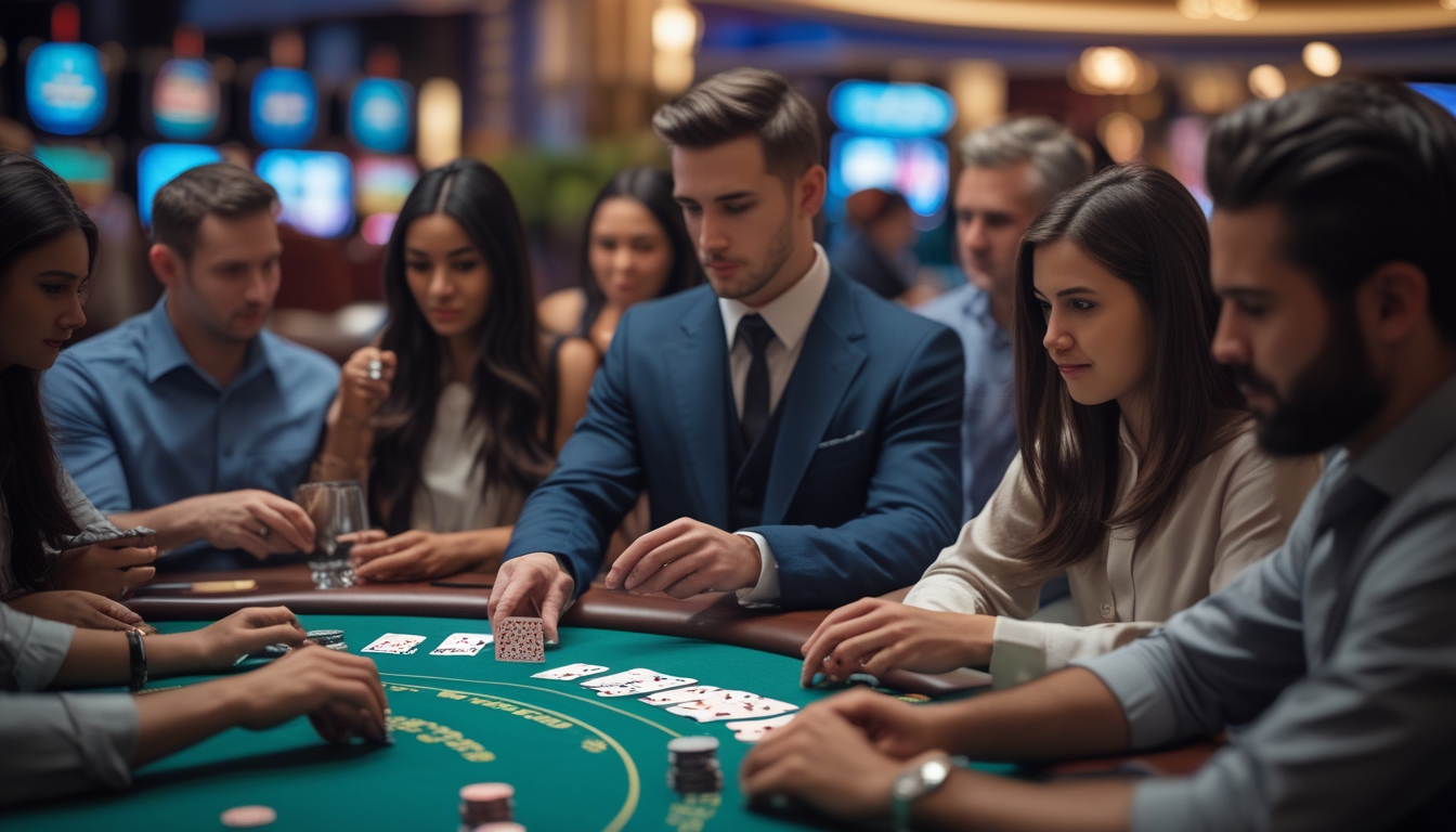 Beberapa orang sedang duduk di meja blackjack di kasino, fokus pada kartu dan chip yang ada di meja.