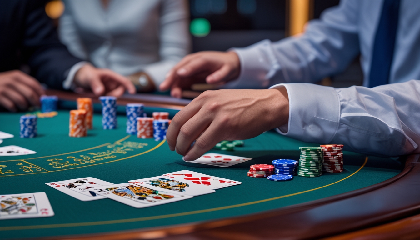 Meja blackjack dengan kartu dan chip poker, dealer membagikan kartu kepada pemain yang fokus bermain.