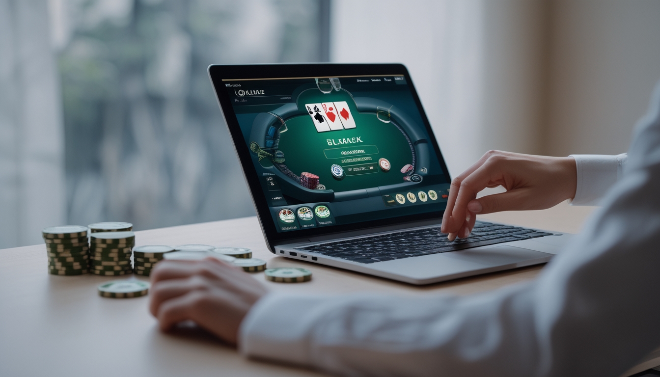 Seseorang bermain blackjack online di laptop dengan kartu dan chip di meja kayu.