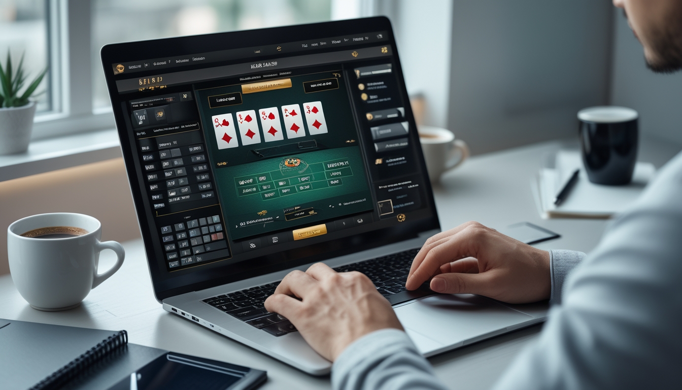 Seseorang bermain blackjack online di depan laptop dengan suasana kerja yang tenang dan fokus.