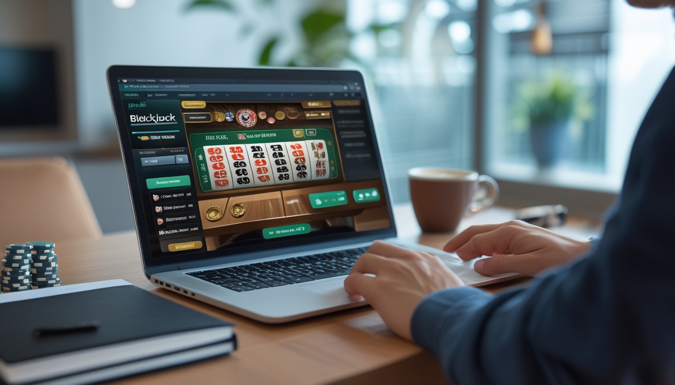 Seseorang duduk di depan laptop yang menampilkan permainan blackjack online, dengan chip poker dan buku catatan di meja, terlihat fokus mengelola modal bermain.