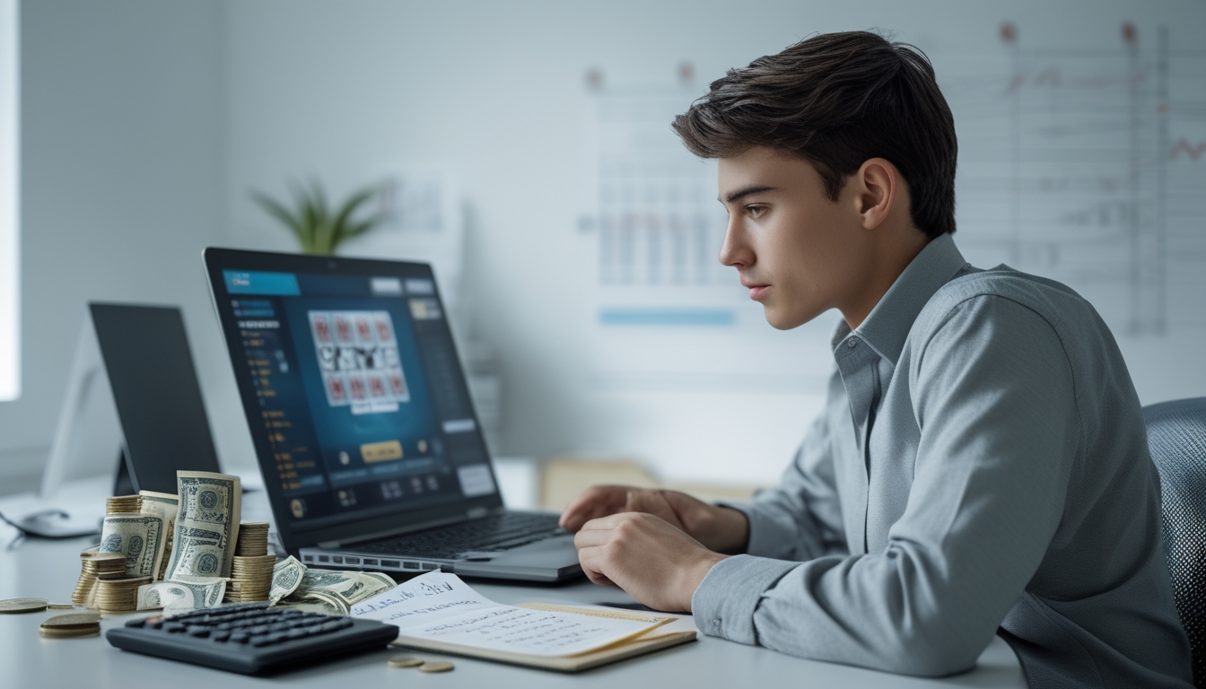 Seorang dewasa muda sedang duduk di meja dengan laptop yang menampilkan permainan blackjack online, sambil menggunakan kalkulator dan mencatat di buku catatan, di ruangan kantor rumah yang rapi.