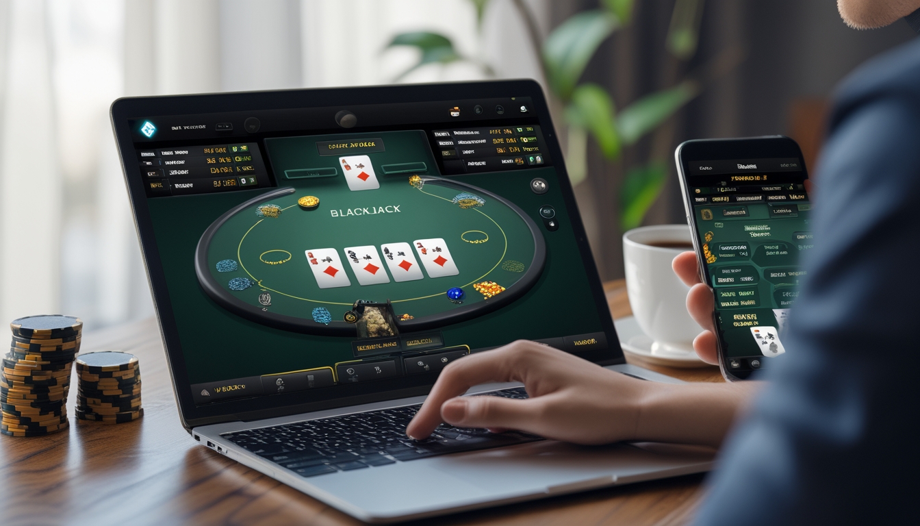 Layar laptop menampilkan permainan blackjack online dengan kartu dan tombol strategi, dikelilingi oleh tumpukan chip poker, cangkir kopi, dan ponsel di atas meja kayu.