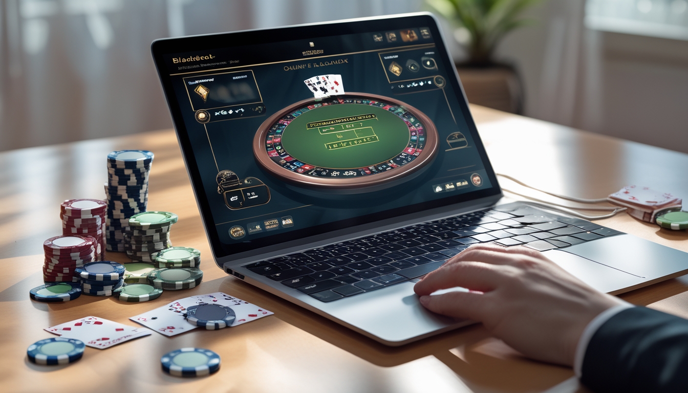 Seorang pemain sedang menggunakan laptop dengan permainan blackjack online yang terlihat di layar, dikelilingi oleh tumpukan chip poker dan kartu remi.