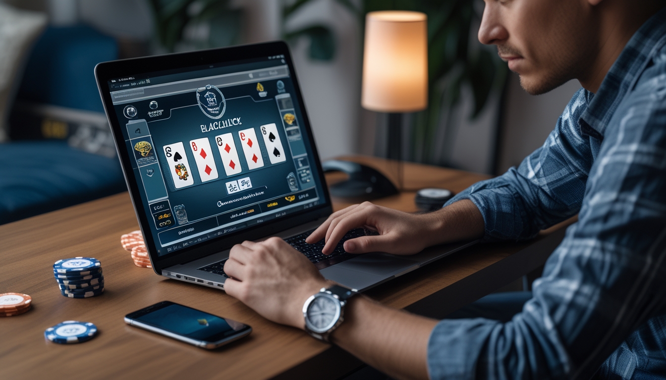 Seorang pemain blackjack online sedang fokus bermain di depan laptop dengan tumpukan chip poker di meja.