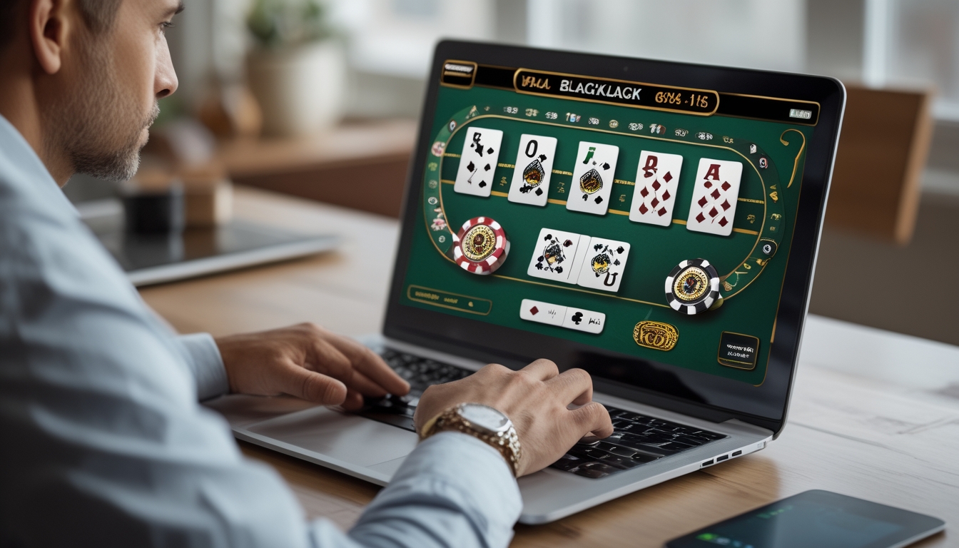 Seorang pemain fokus bermain blackjack online di laptop dengan kartu dan chip terlihat di layar, duduk di meja kayu di ruang yang nyaman.