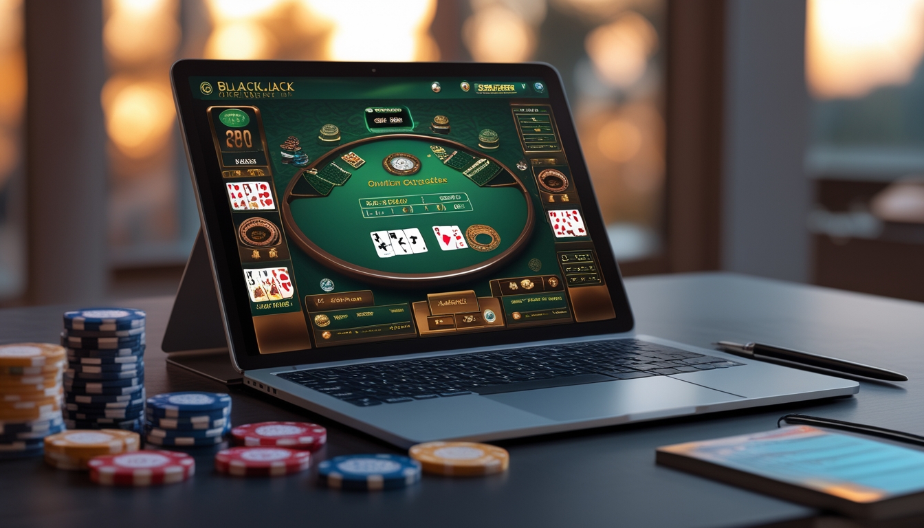 Sebuah laptop menampilkan permainan blackjack online dengan kartu dan chip poker di sekitarnya serta buku catatan dan pena di meja.