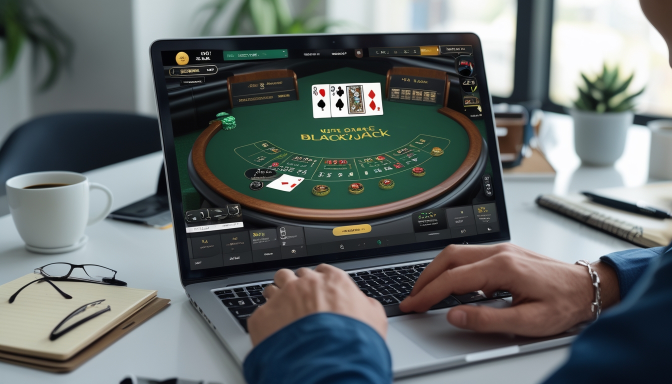 Layar laptop menampilkan permainan blackjack online dengan kartu dan tumpukan chip di meja virtual, di meja kerja dengan cangkir kopi dan alat tulis.