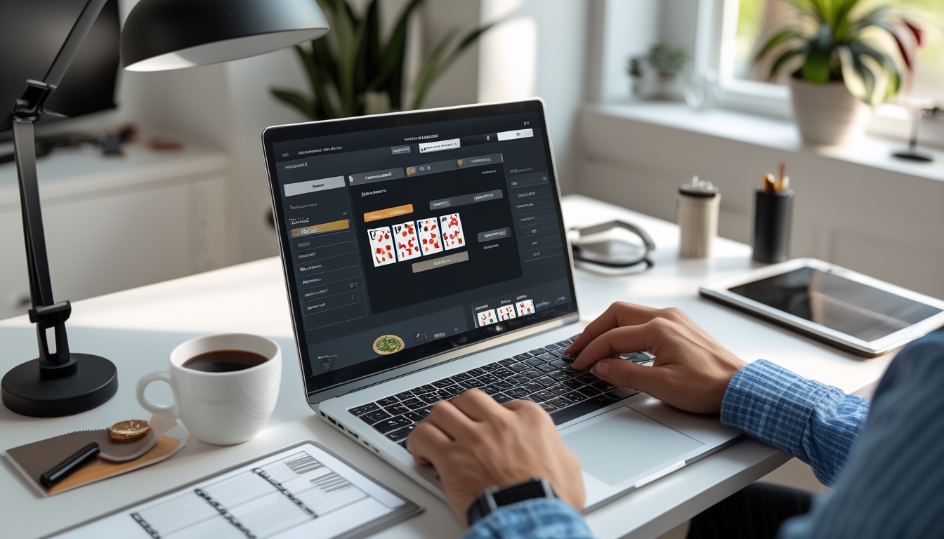 Seseorang sedang duduk di meja dengan laptop, melihat permainan blackjack online dengan fokus di ruang kerja yang rapi.