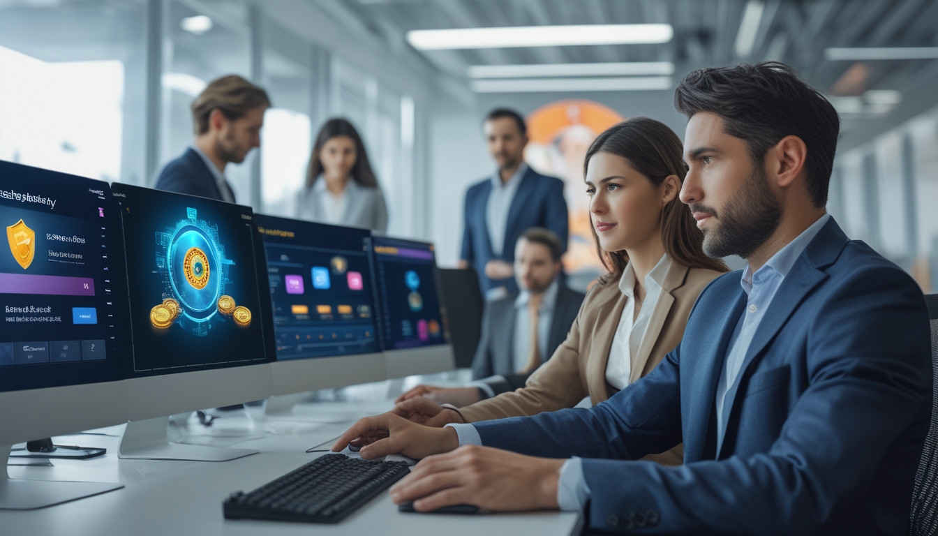 Seorang pria dan wanita sedang bekerja bersama di kantor dengan layar komputer yang menampilkan grafik terkait permainan blackjack online.
