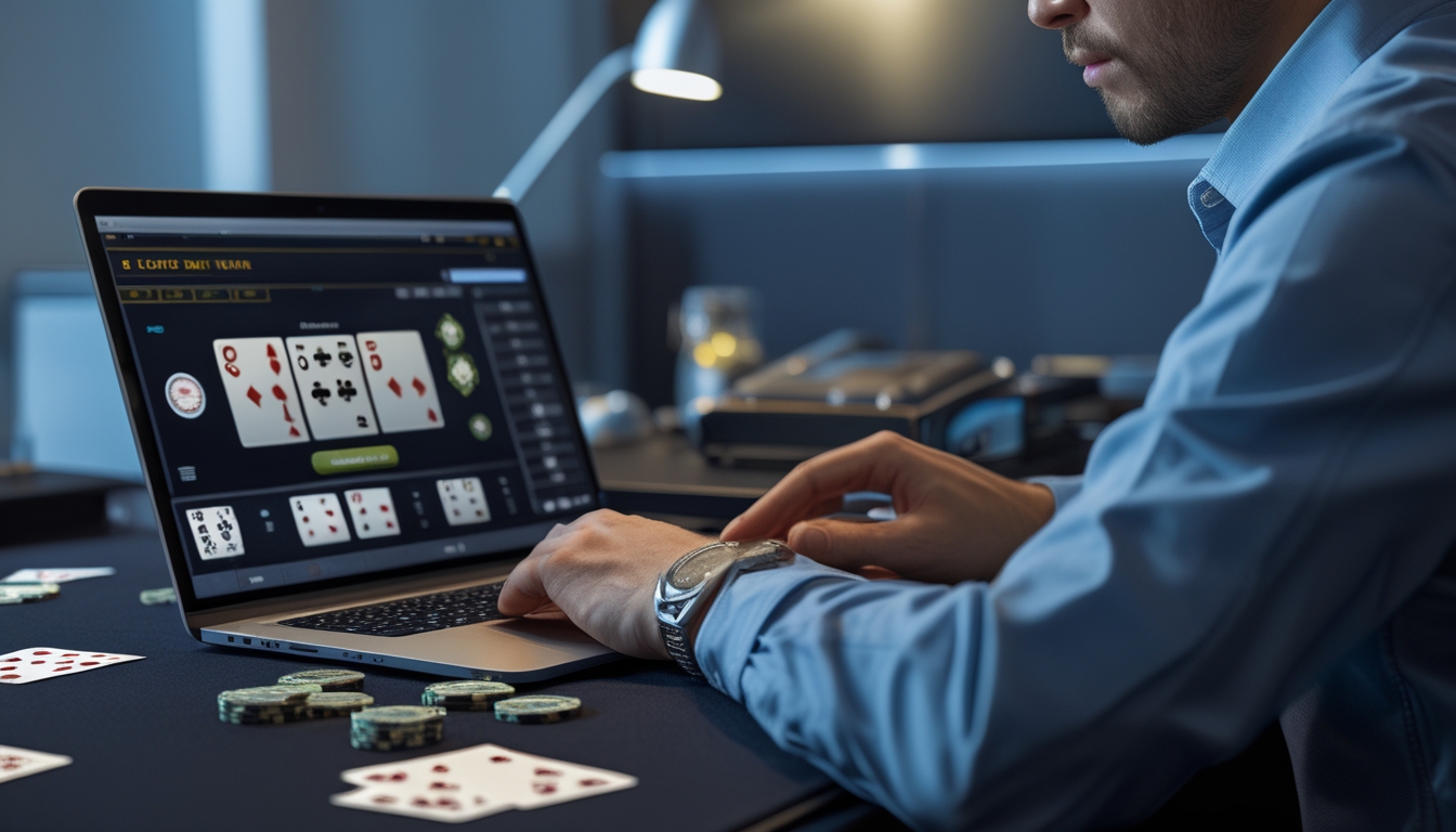 Seseorang duduk di depan laptop dengan permainan blackjack online, mengatur chip dengan fokus di meja permainan.