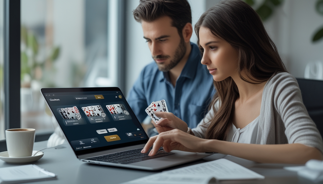 Dua orang sedang bermain blackjack online di laptop dengan fokus dan serius di ruang kerja modern.