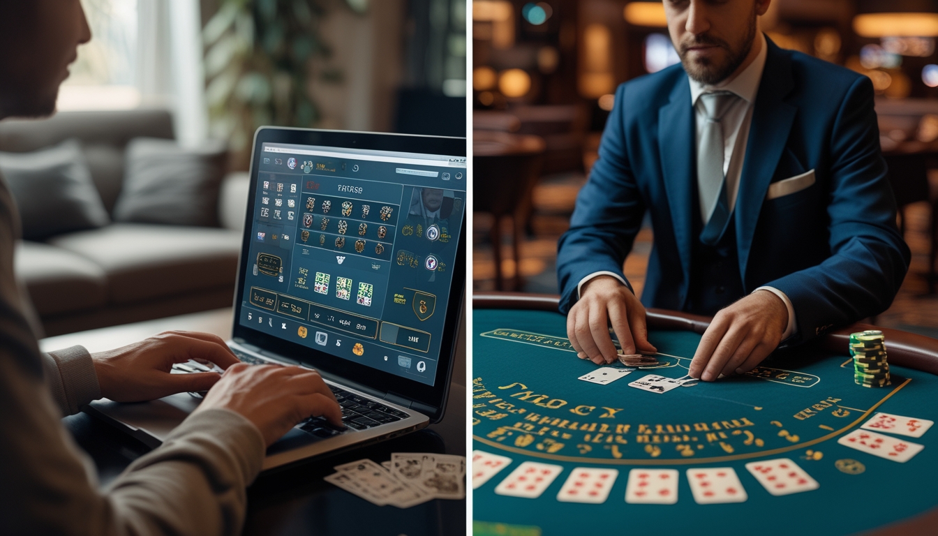 Seseorang bermain blackjack di laptop di rumah di sebelah kiri dan meja blackjack kasino dengan dealer di sebelah kanan.