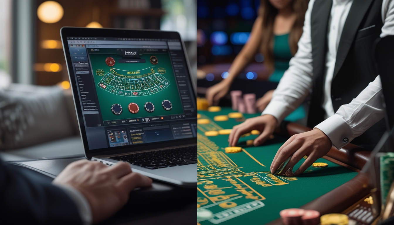 Sebuah gambar yang memperlihatkan perbandingan permainan blackjack online di laptop dan permainan blackjack di meja kasino dengan dealer dan pemain.