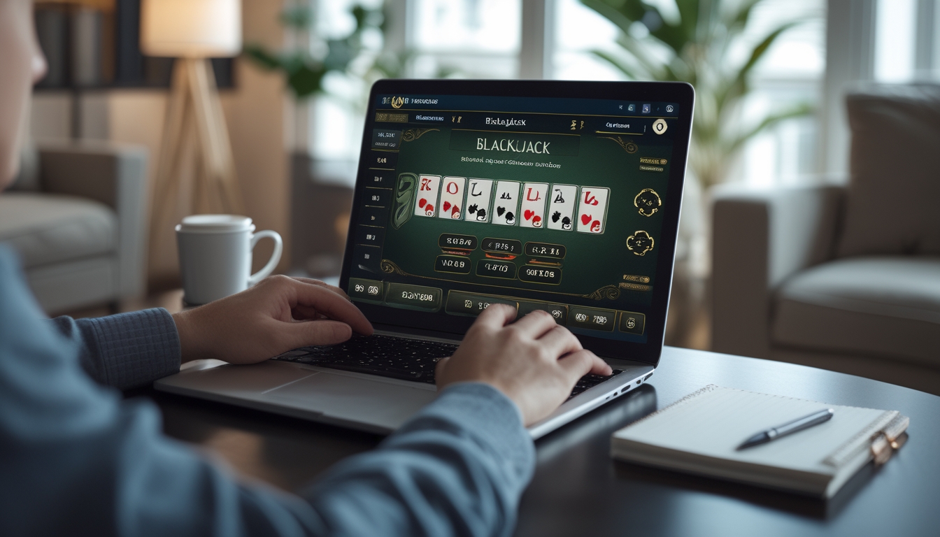 Seseorang yang fokus bermain blackjack online di laptop di ruang tamu yang nyaman.