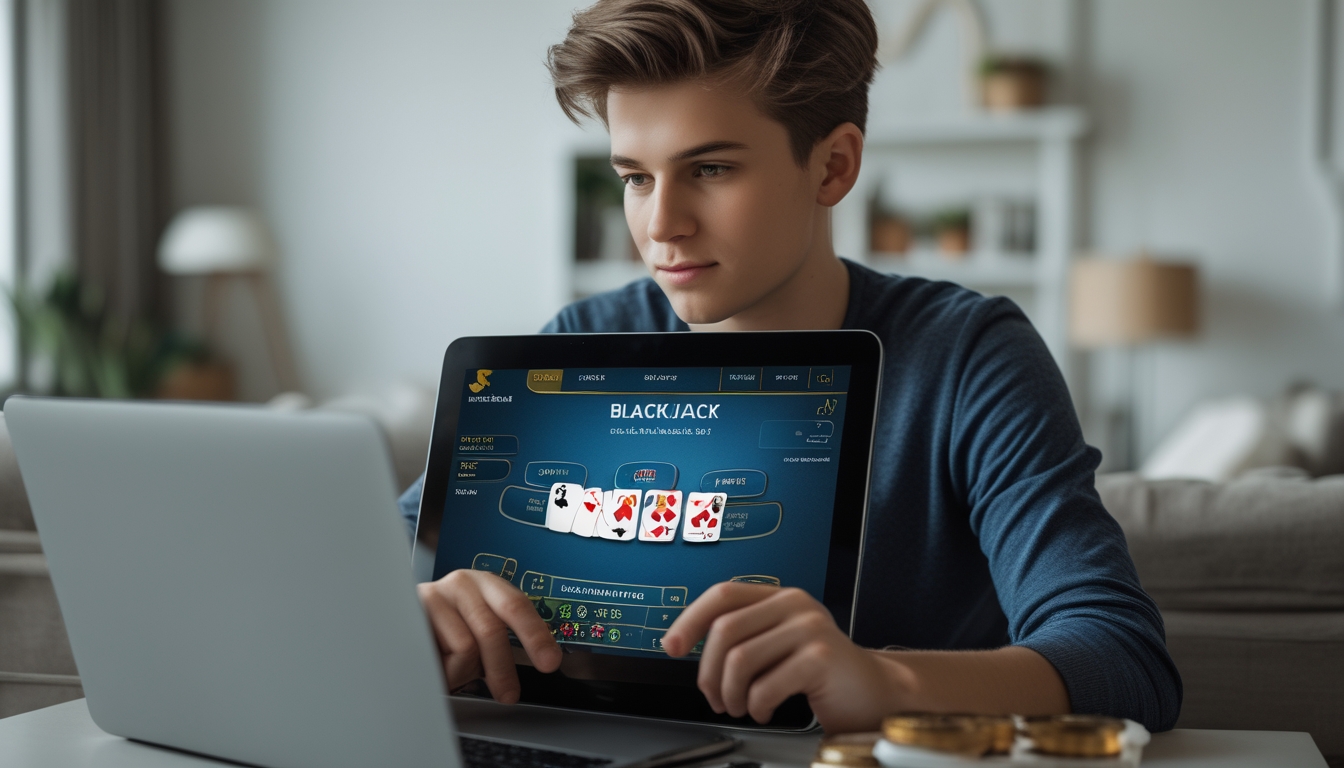 Seorang dewasa muda sedang bermain blackjack online dengan fokus di ruang tamu yang nyaman.