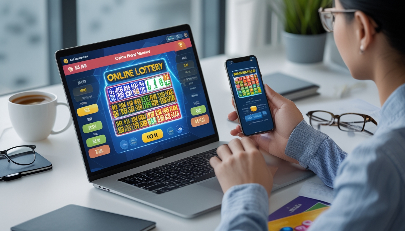 Seseorang menggunakan laptop dan smartphone di meja kerja yang rapi, menampilkan aplikasi judi togel online Pasaran Hongkong.