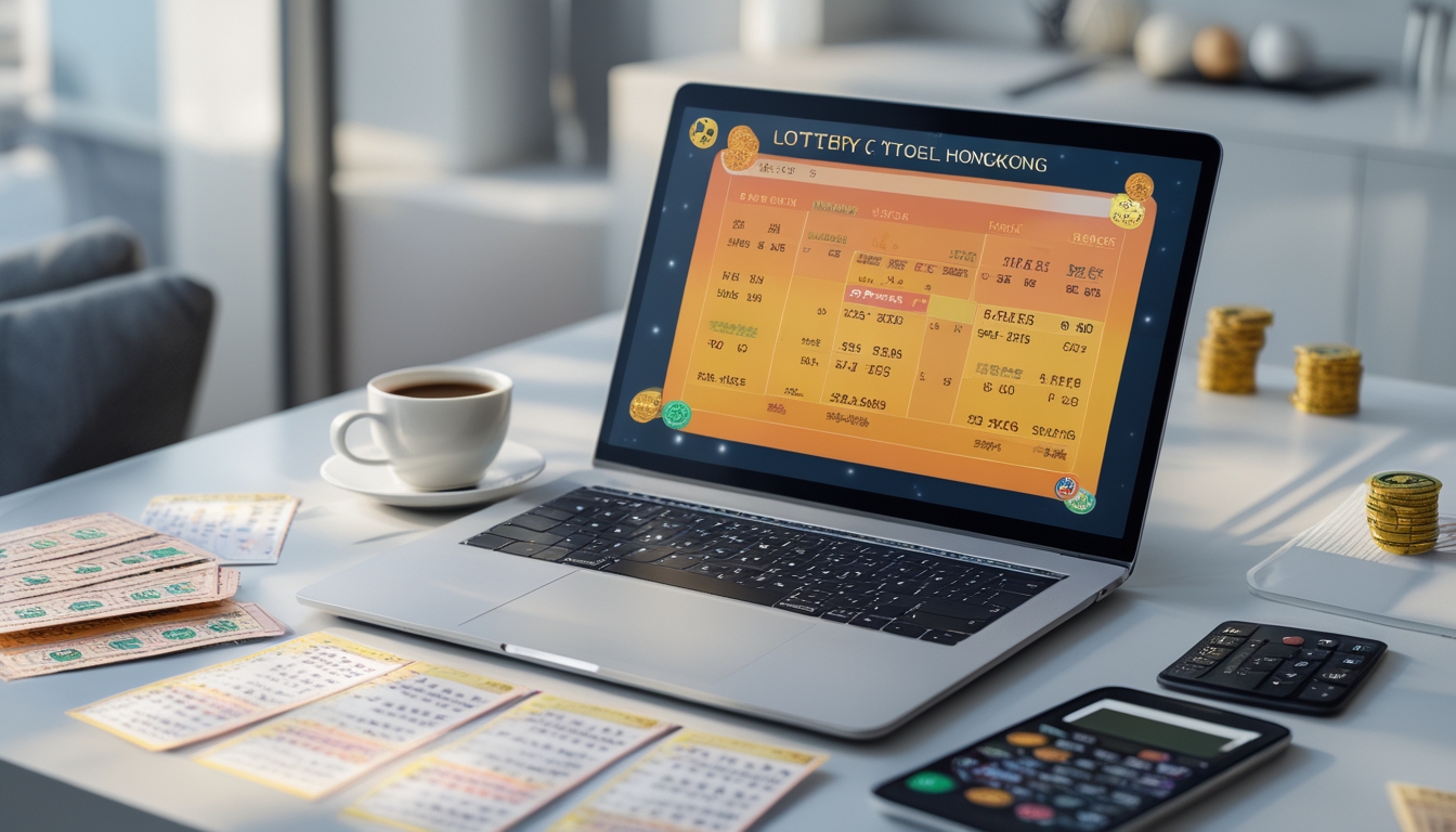 Meja kerja dengan laptop yang menampilkan angka togel dan grafik, tiket togel, pena, dan secangkir kopi, dengan ponsel dan kalkulator di latar belakang.