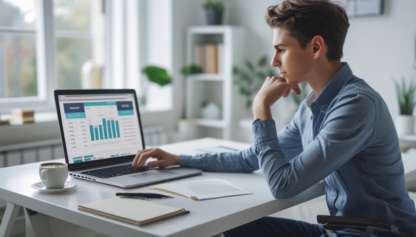 Seseorang duduk di meja dengan laptop, menganalisis data dan strategi togel online di ruang kerja yang terang dan rapi.