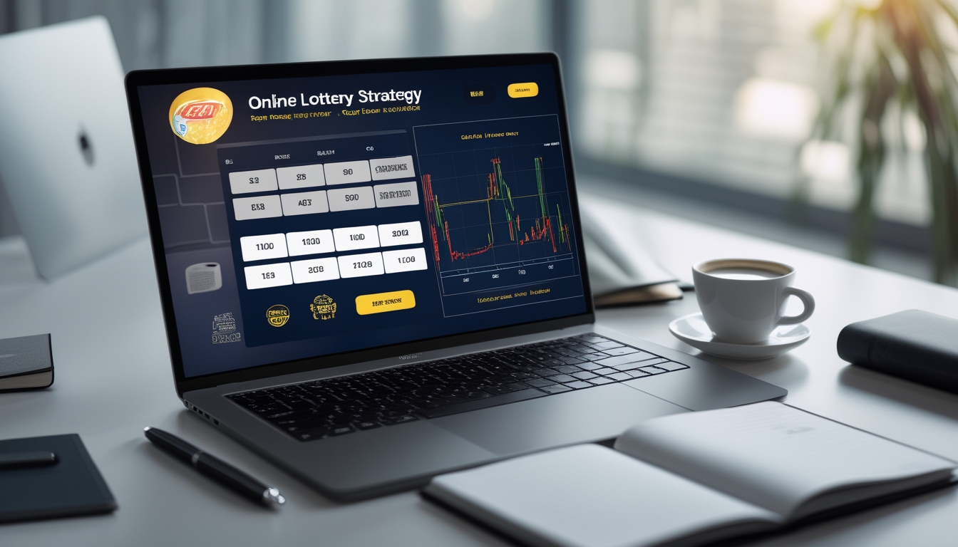 Meja kerja dengan laptop yang menampilkan grafik dan angka, buku catatan, pena, dan cangkir kopi, menunjukkan suasana perencanaan strategi bermain togel Hongkong online.
