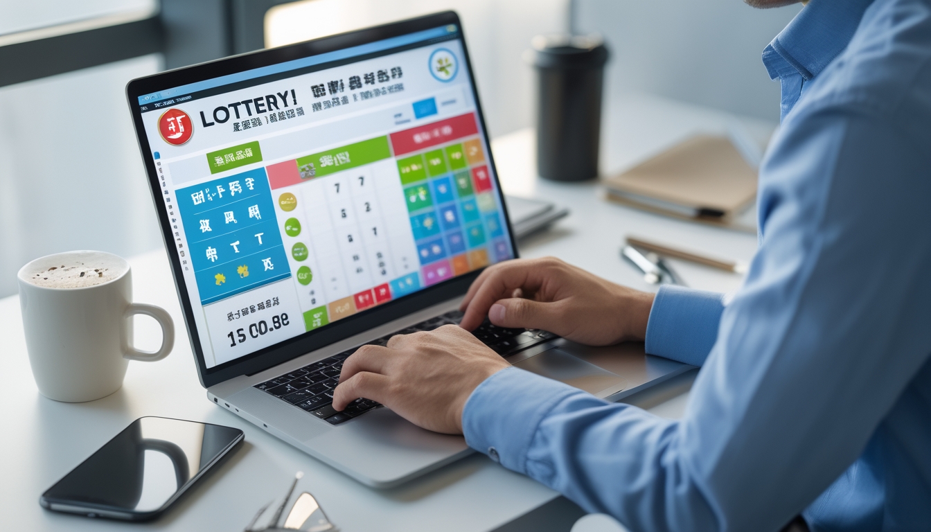 Seseorang menggunakan laptop di meja kerja dengan tampilan situs judi togel online yang terpercaya, di lingkungan kantor yang rapi dan terang.