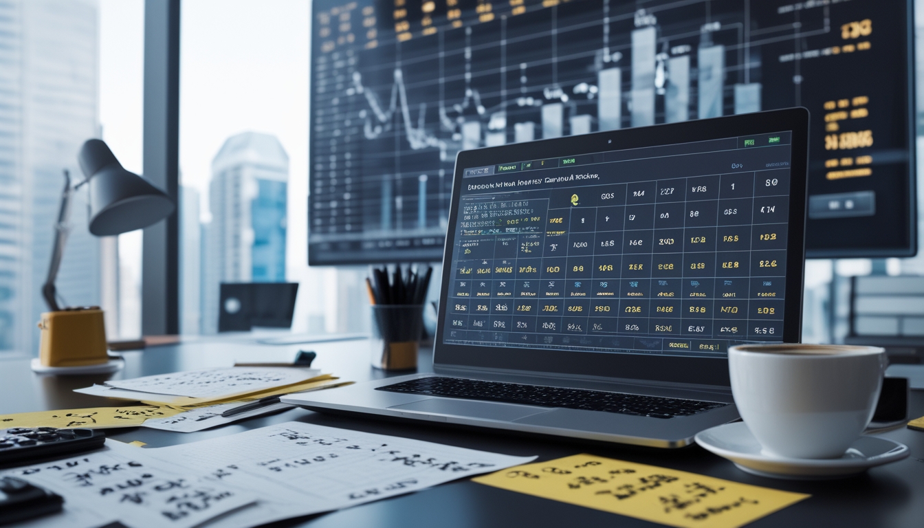 Meja kerja dengan laptop menampilkan data angka, kertas dengan pola angka, kalkulator, dan layar digital di latar belakang yang menunjukkan grafik angka.