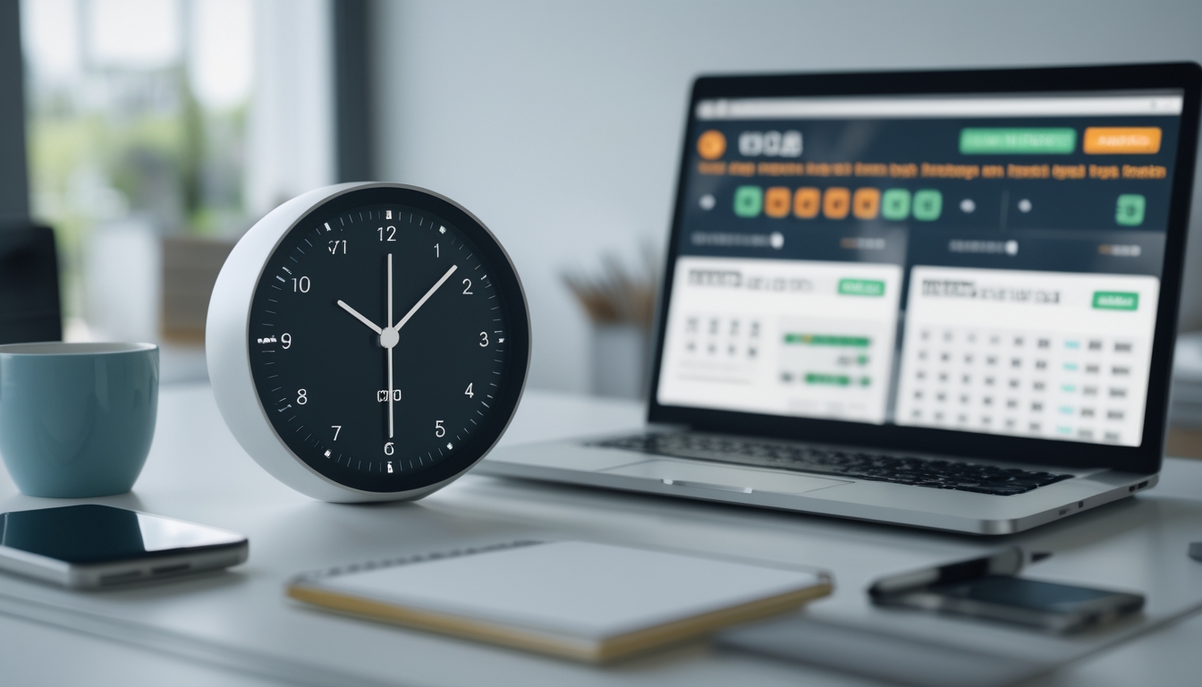 Jam digital di meja kerja dengan laptop yang menampilkan hasil togel, suasana kantor rumah yang modern dan terang.