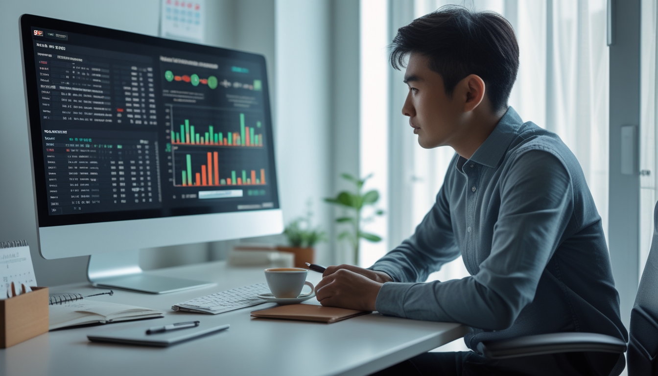 Seorang pria muda fokus duduk di meja kerja modern sambil menganalisis data di layar komputer tentang strategi togel online.