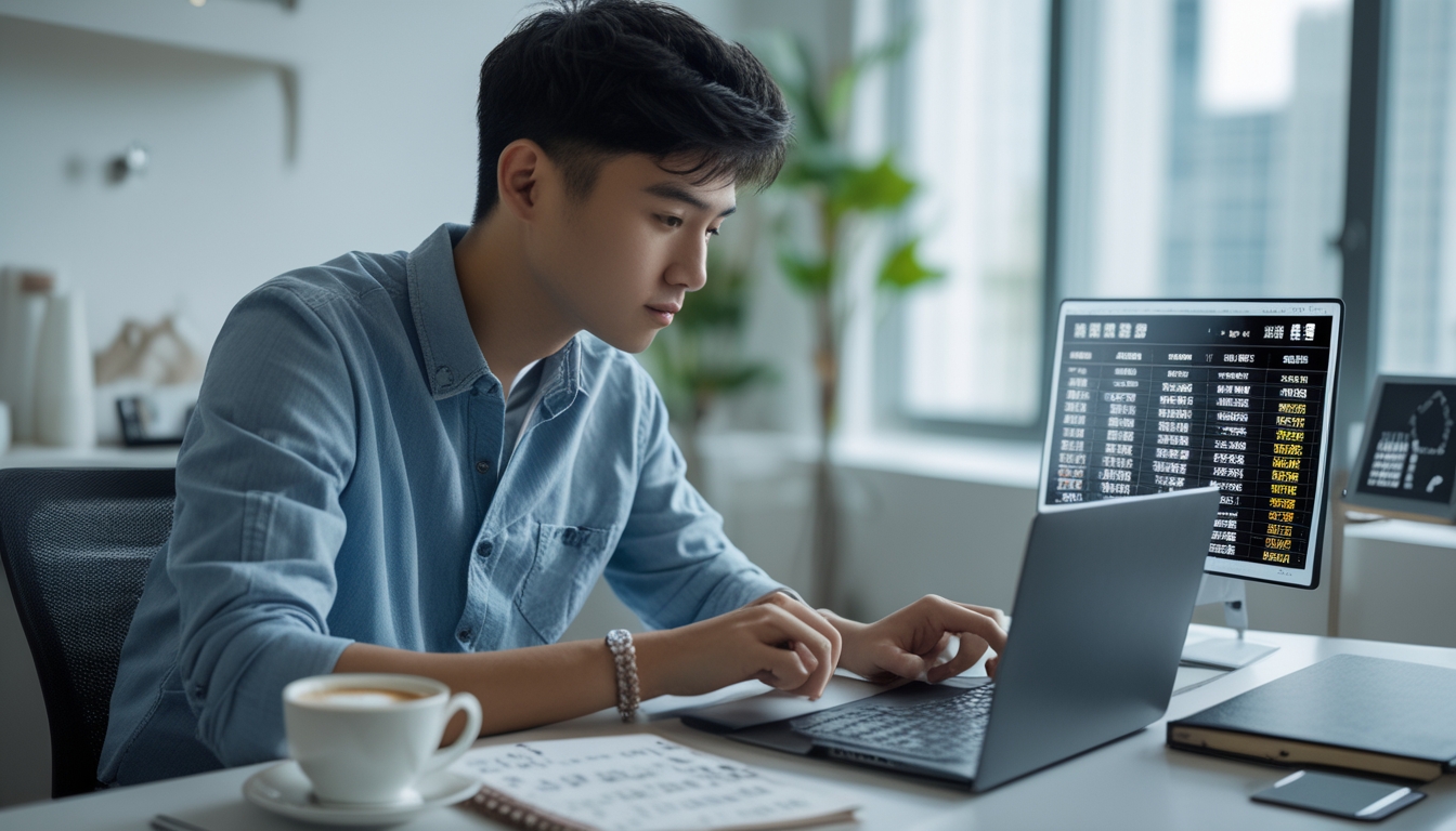 Seorang pria muda duduk di meja dengan laptop dan catatan, sedang fokus menganalisis data terkait strategi bermain togel online.