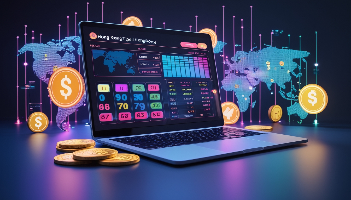 Meja kerja modern dengan laptop yang menampilkan angka togel dan grafik, dikelilingi ikon koin, dadu, kartu, dan peta dunia yang menyoroti Hong Kong dan wilayah lain.