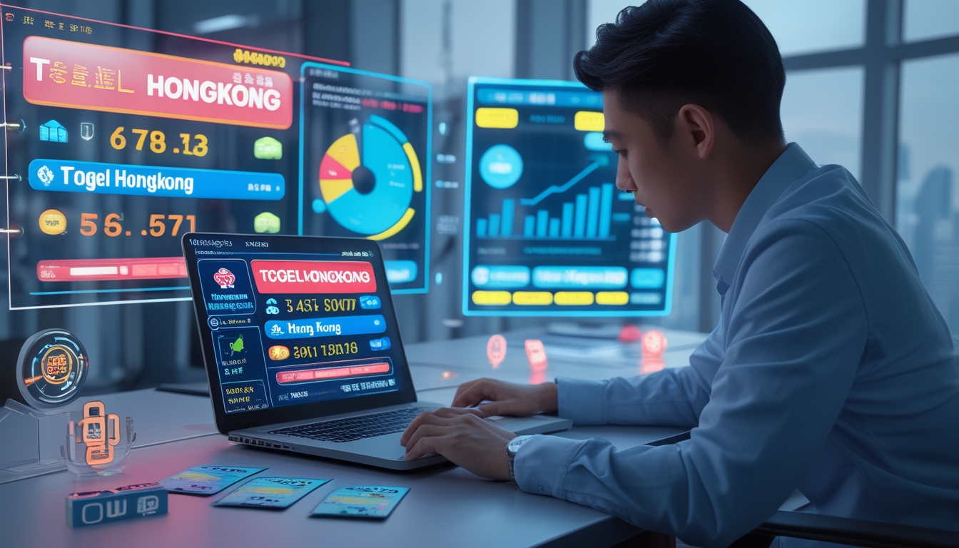 Seorang pria sedang menganalisis data lotere di depan laptop dengan latar belakang kota Hong Kong yang samar.