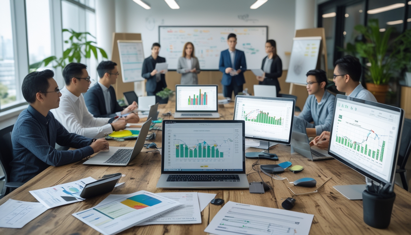 Sekelompok analis bekerja bersama di kantor dengan laptop dan monitor yang menampilkan grafik dan data statistik untuk prediksi angka togel Hongkong.