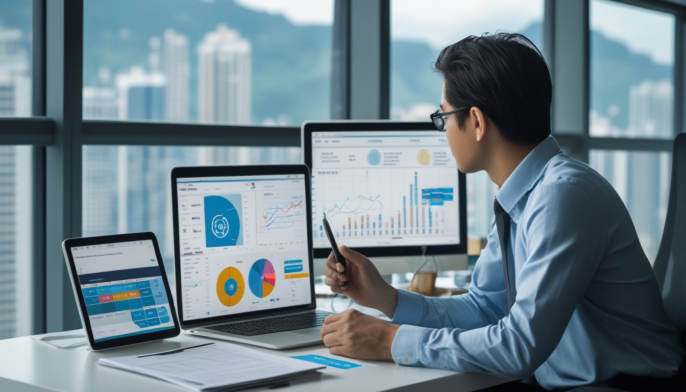 Seorang profesional sedang menganalisis data dan statistik togel Hongkong di meja kerja dengan laptop dan grafik, latar belakang pemandangan kota Hongkong.