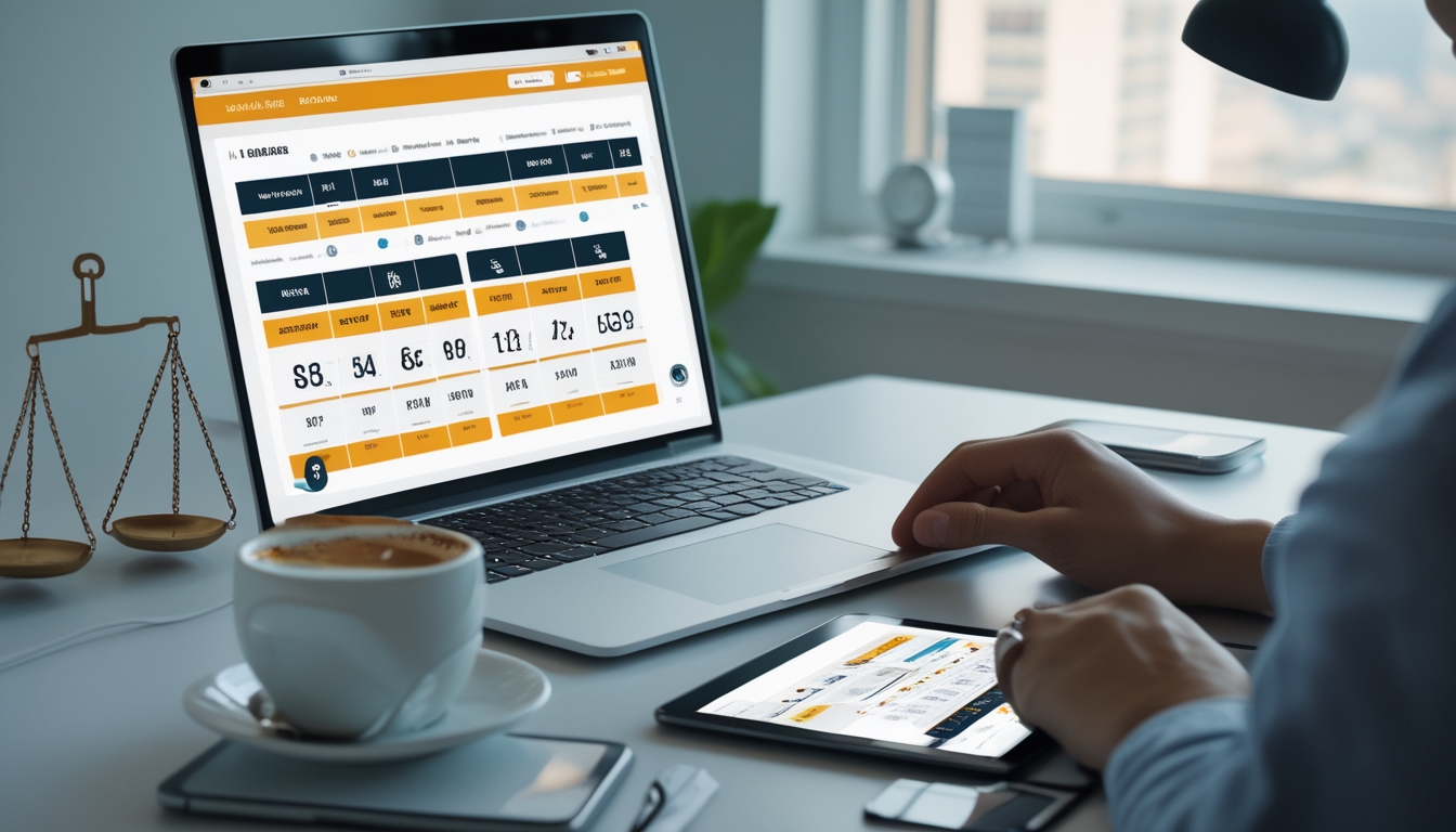 Seorang pria sedang menganalisis data lotere online di meja kerja dengan laptop dan tablet, di ruangan terang dengan cahaya alami.
