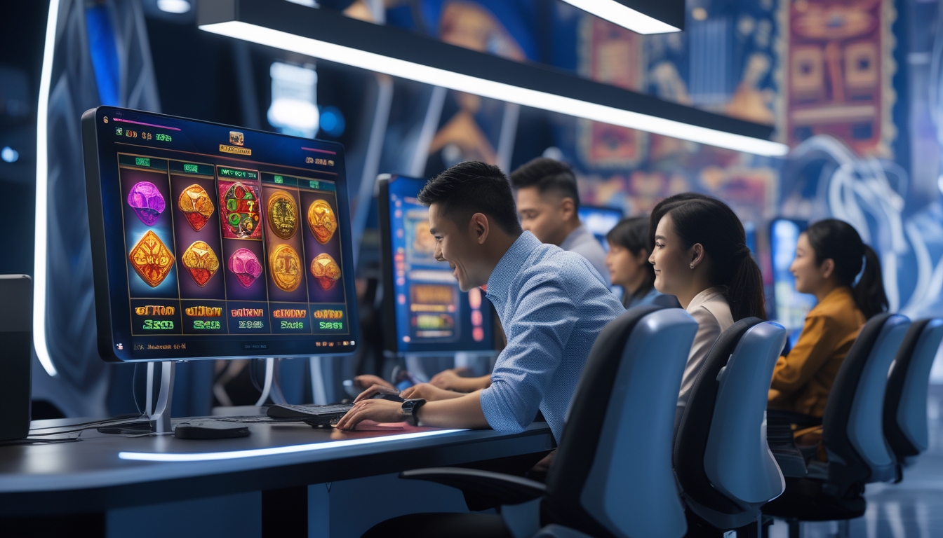 Orang-orang menggunakan komputer dengan tampilan permainan slot online yang berwarna-warni di sebuah ruang kerja modern.