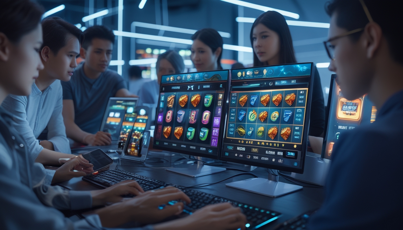 Beberapa orang menggunakan komputer dan ponsel yang menampilkan permainan slot online dengan latar belakang teknologi digital modern.