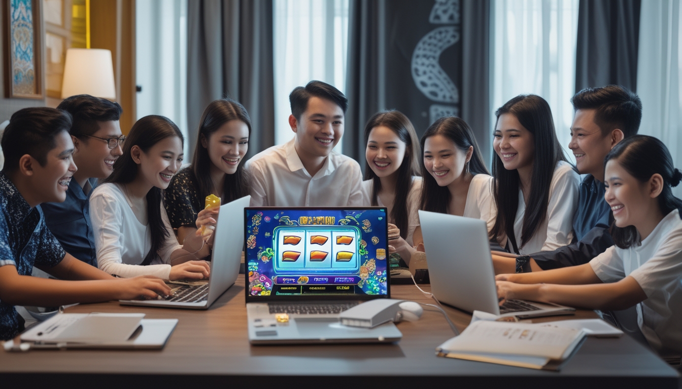 Sekelompok orang muda Indonesia sedang bermain permainan slot online menggunakan laptop dan ponsel di ruangan yang nyaman dan terang.
