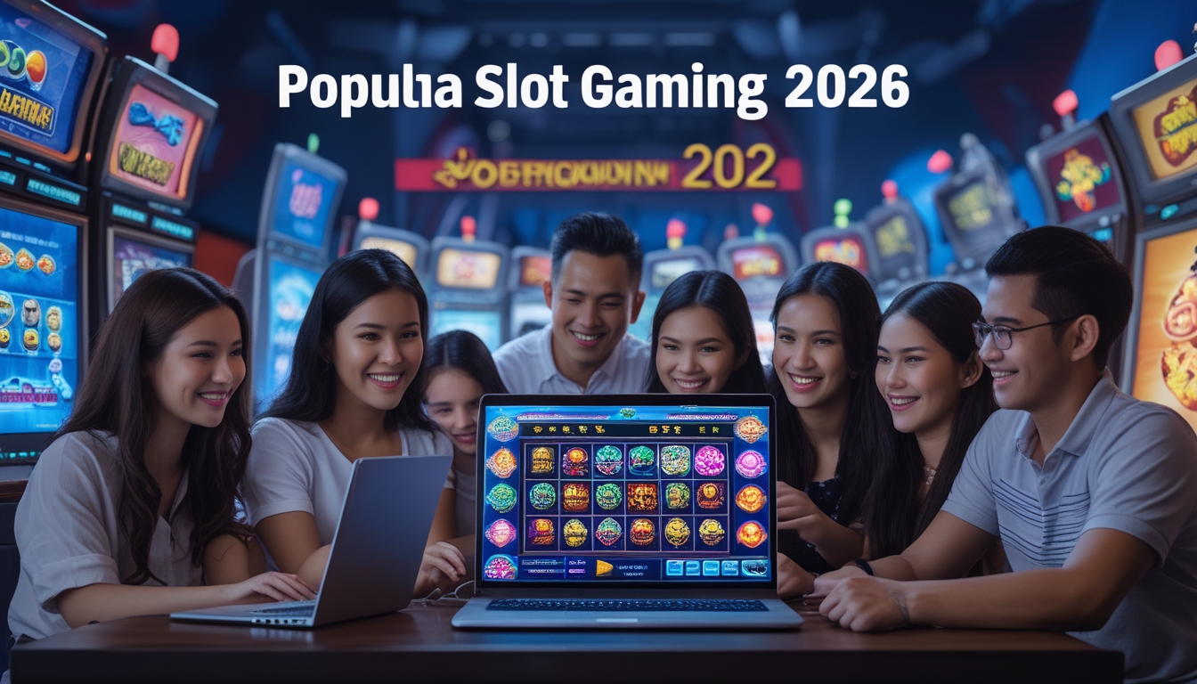 Sekelompok orang muda Indonesia sedang bermain permainan slot online dengan antusias di laptop dan ponsel.