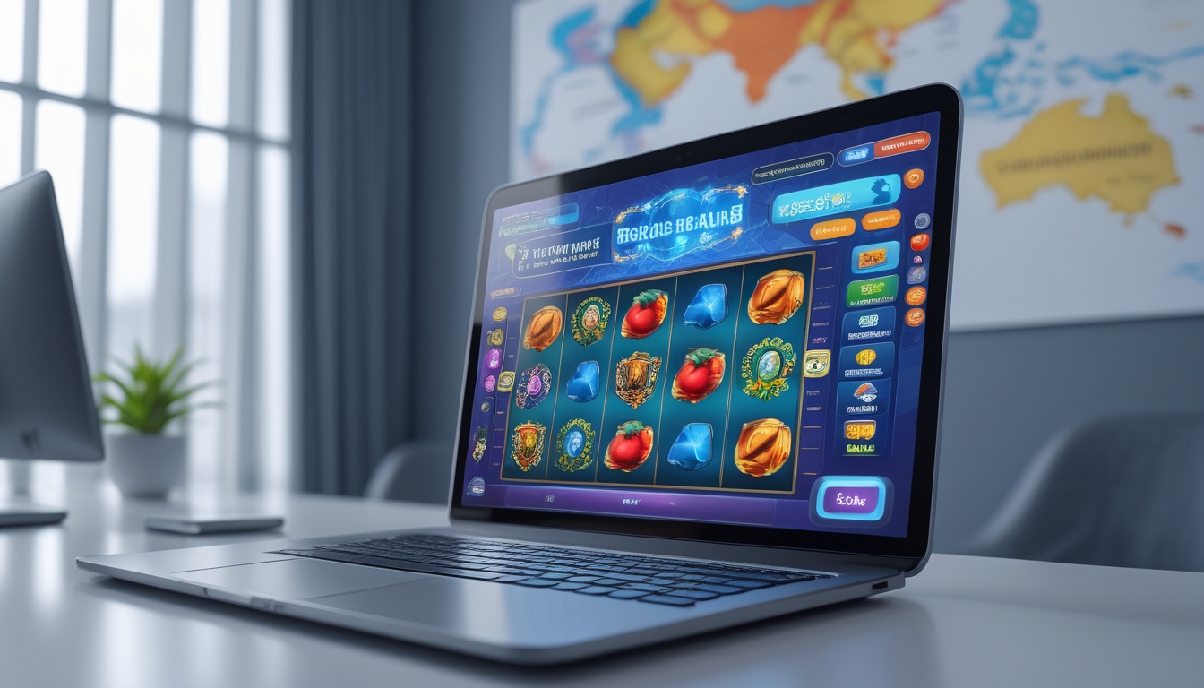 Seorang pengguna sedang bermain permainan slot online di komputer dengan latar belakang elemen budaya Indonesia.