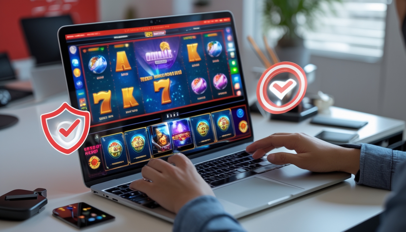 Seseorang menggunakan komputer dengan tampilan permainan slot online yang aman dan terpercaya di lingkungan kerja yang rapi.