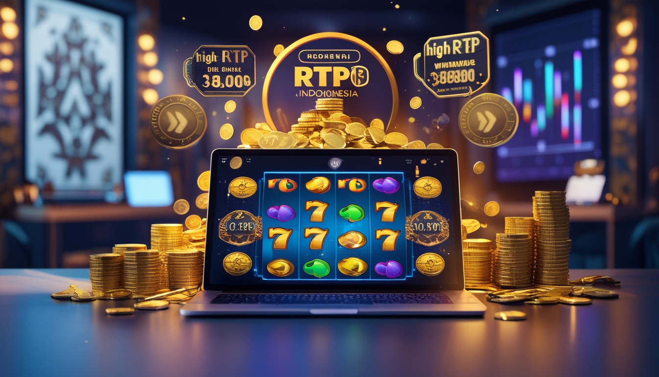 Sebuah perangkat digital menampilkan permainan slot online dengan simbol buah dan koin emas, dikelilingi tumpukan koin dan elemen yang menunjukkan jackpot besar, dengan latar belakang motif budaya Indonesia.