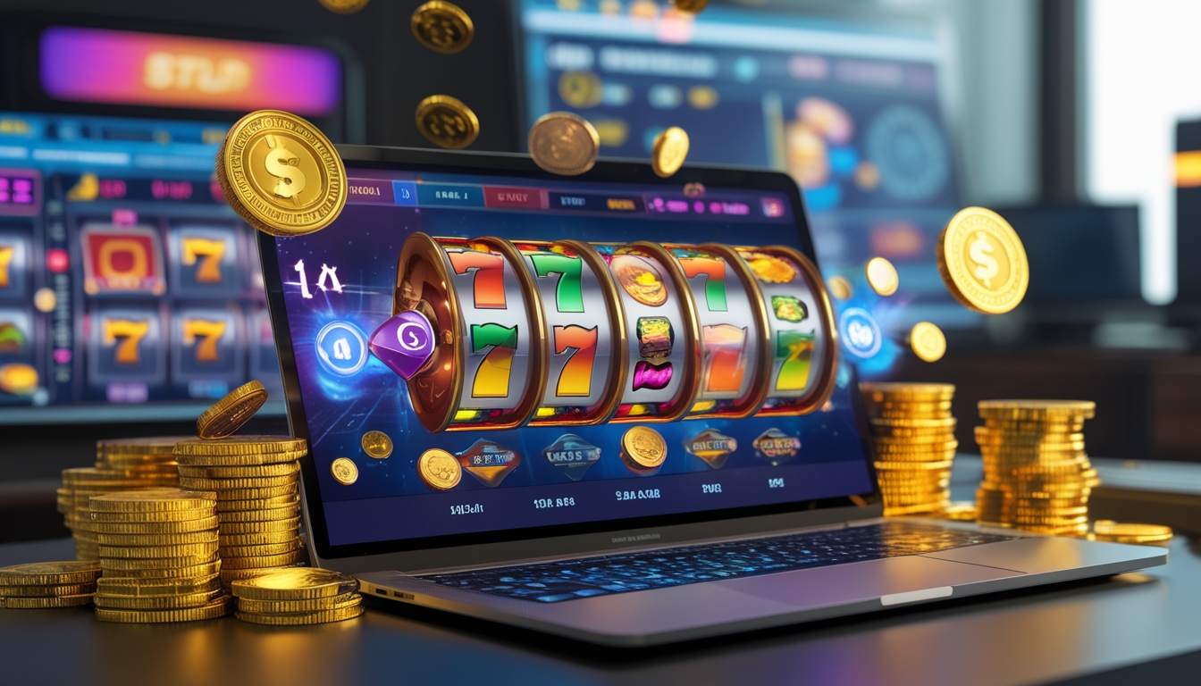 Sebuah layar komputer menampilkan permainan slot online dengan gulungan berwarna-warni dan simbol jackpot, dikelilingi oleh koin emas dan tumpukan uang di lingkungan rumah atau kantor yang modern.