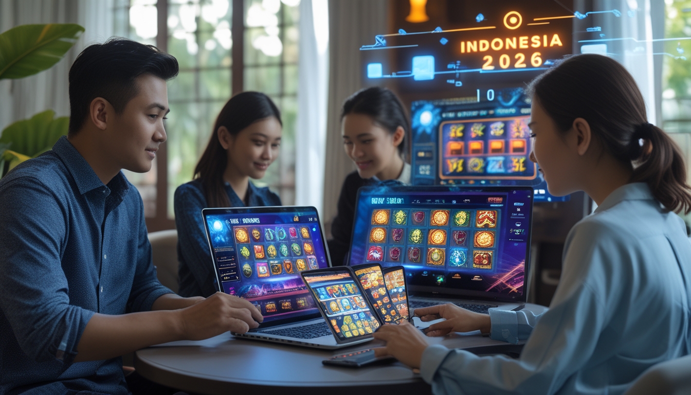 Beberapa orang muda menggunakan laptop dan ponsel dengan permainan slot online di latar ruang modern dengan elemen budaya Indonesia.