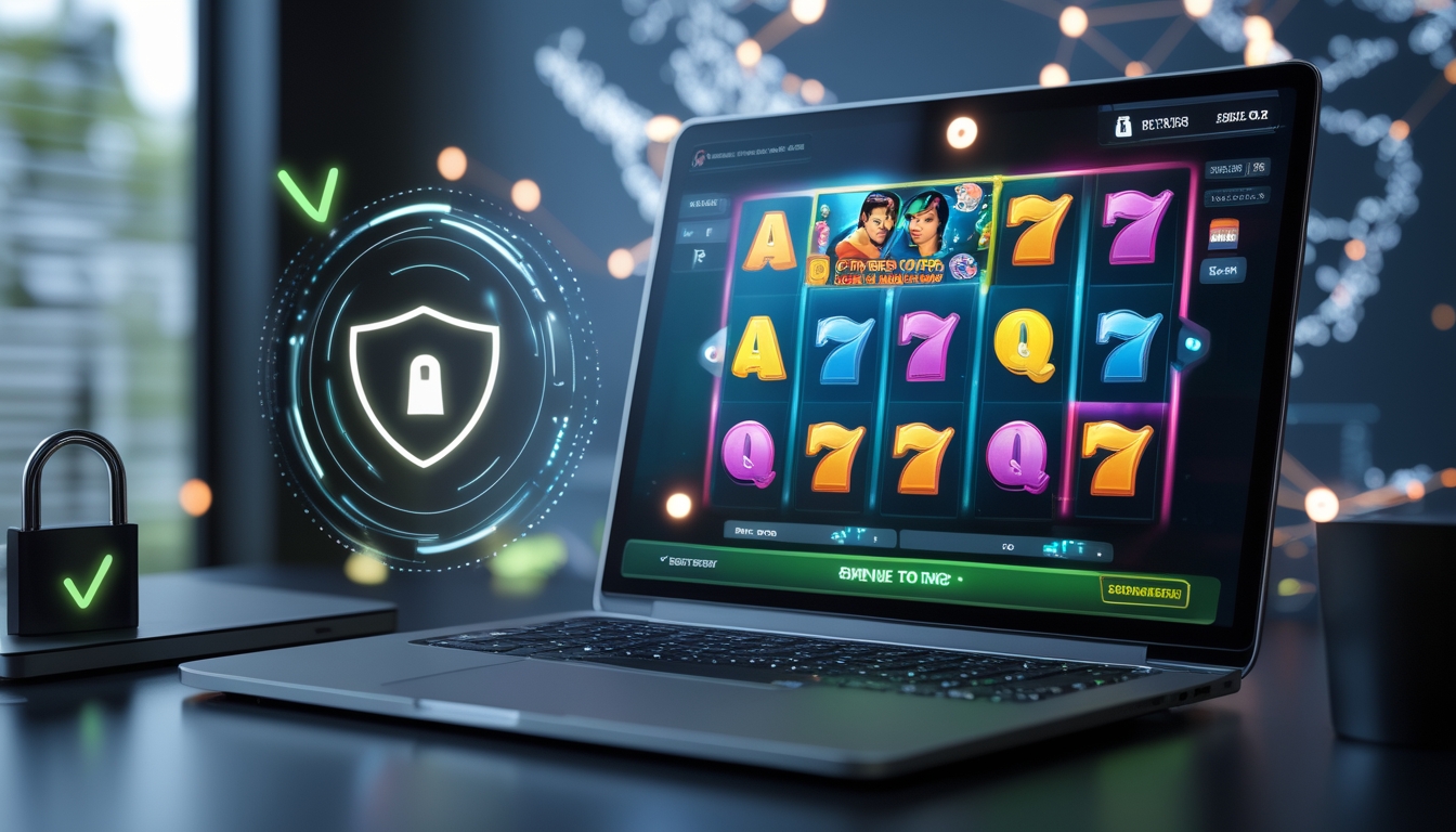 Seorang pria menggunakan laptop dengan tampilan permainan slot online di layar, dikelilingi ikon keamanan dan peta digital Indonesia di latar belakang.