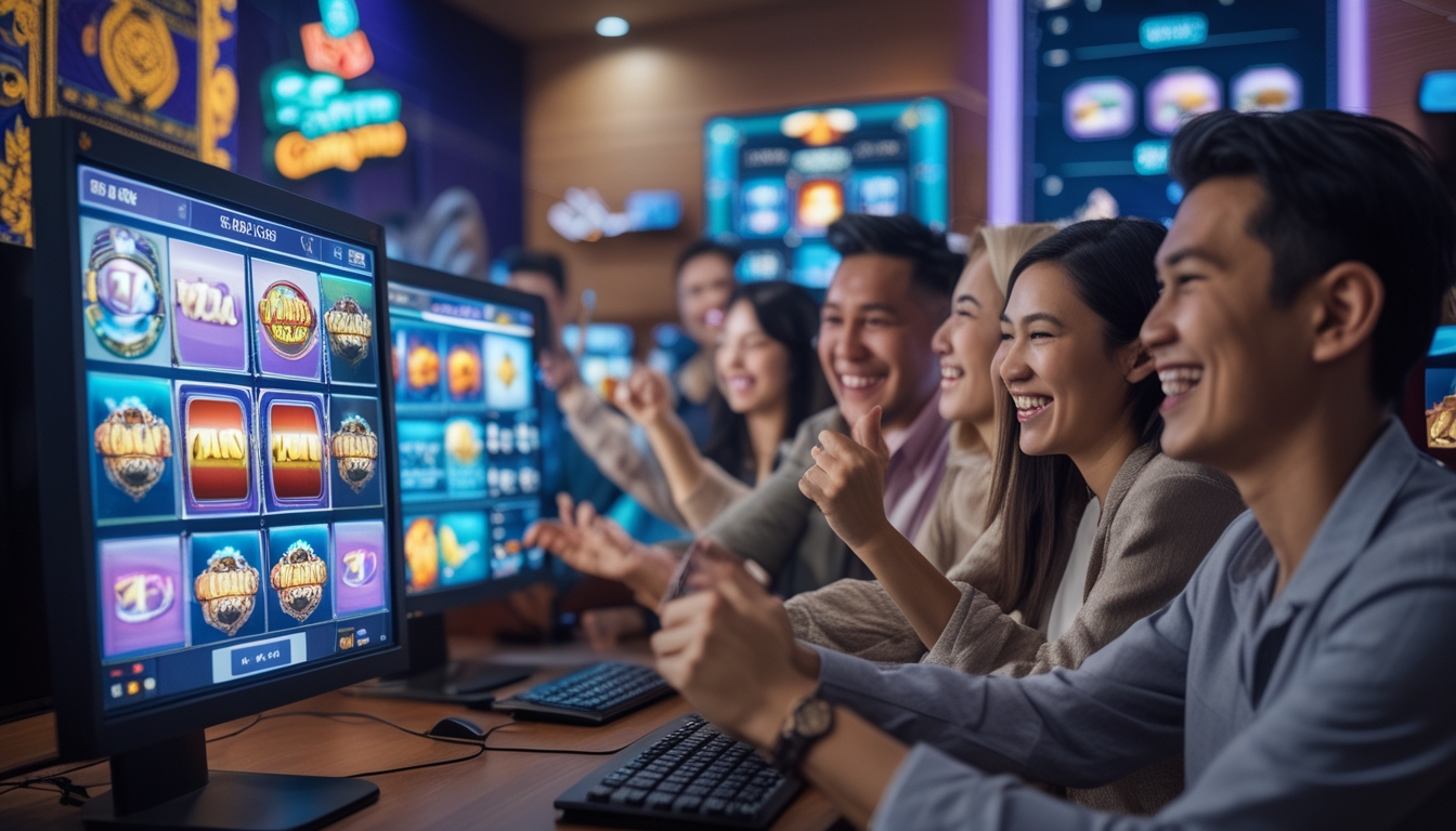 Orang-orang sedang bermain permainan slot online dengan komputer dan layar penuh warna, terlihat senang dan merayakan kemenangan.